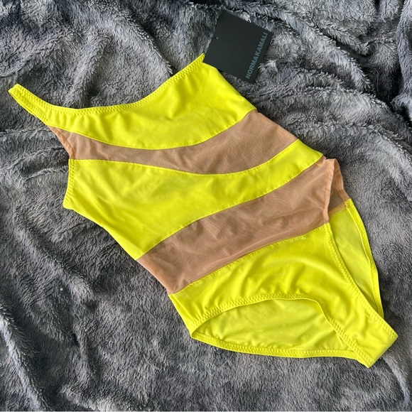 $265 NORMA KAMALI Snake Mesh One-Shoulder Swimsuit Bodysuit Nude Yellow XXS - Picture 13 of 16